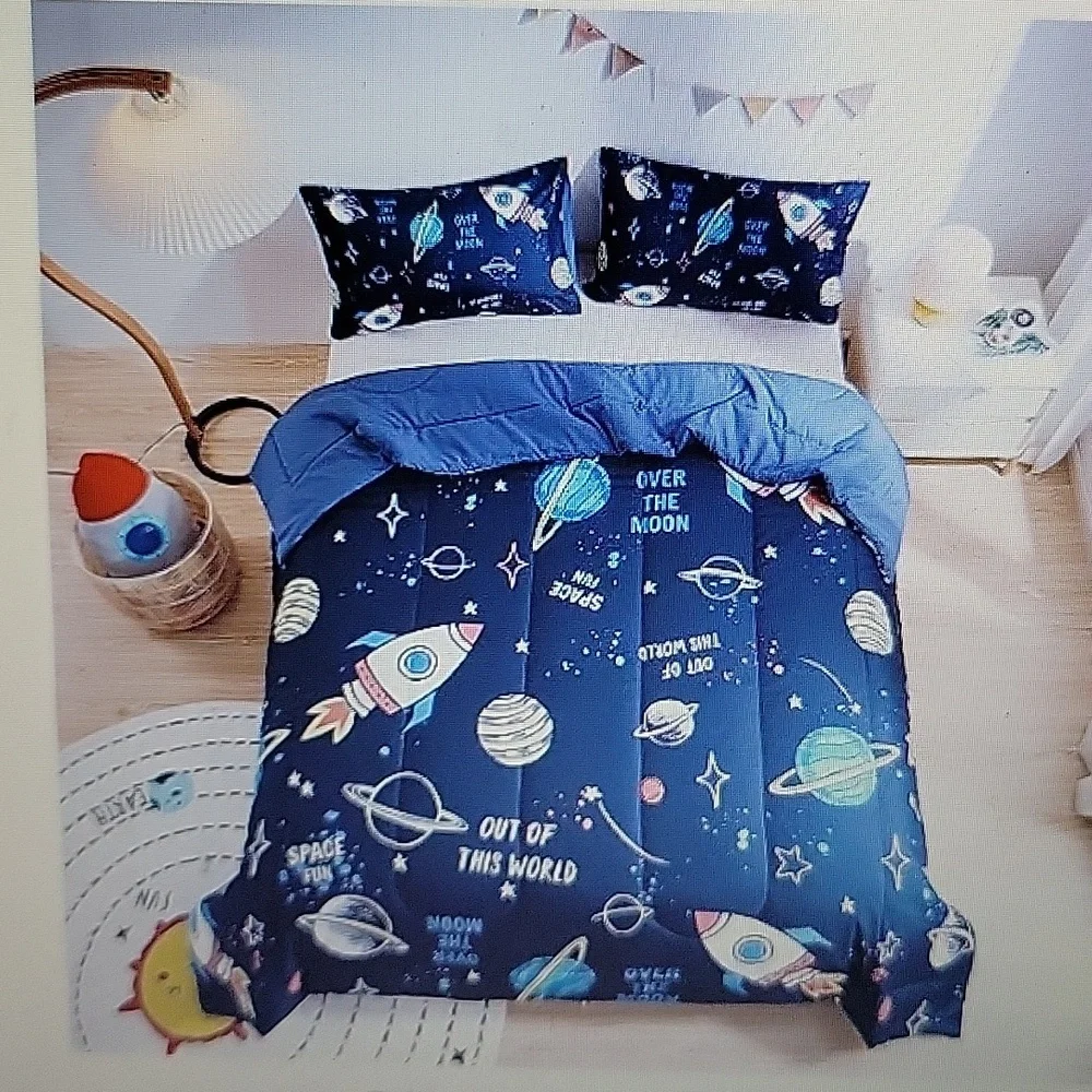 Beeweed 3 piece Space Rocket Ship Out of this World Comforter Set Navy Blue New…