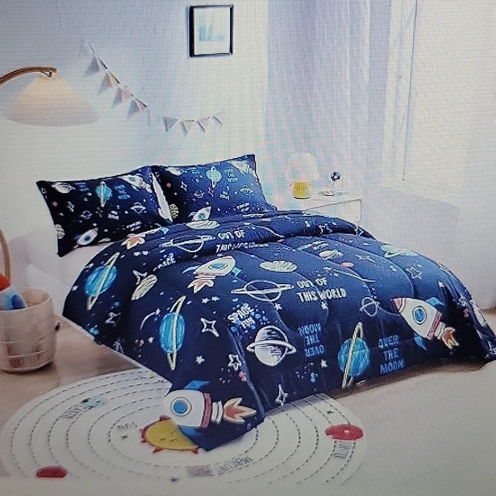 Beeweed 3 piece Space Rocket Ship Out of this World Comforter Set Navy Blue New…