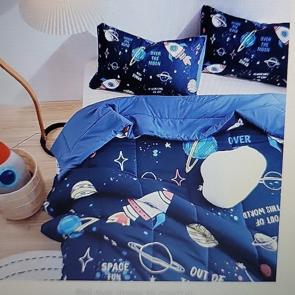 Beeweed 3 piece Space Rocket Ship Out of this World Comforter Set Navy Blue New…