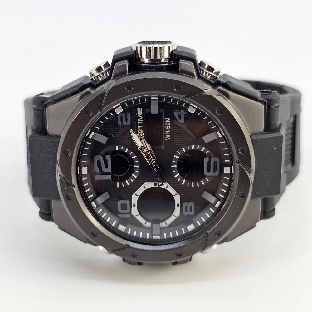 Findtime Men's Analog Digital Sports Watch 45MM Black Plastic Bands New Battery