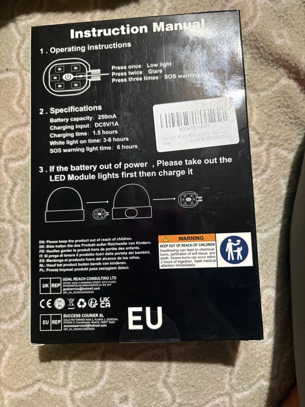 Black LED Beanie Hat with Built-In Headlight