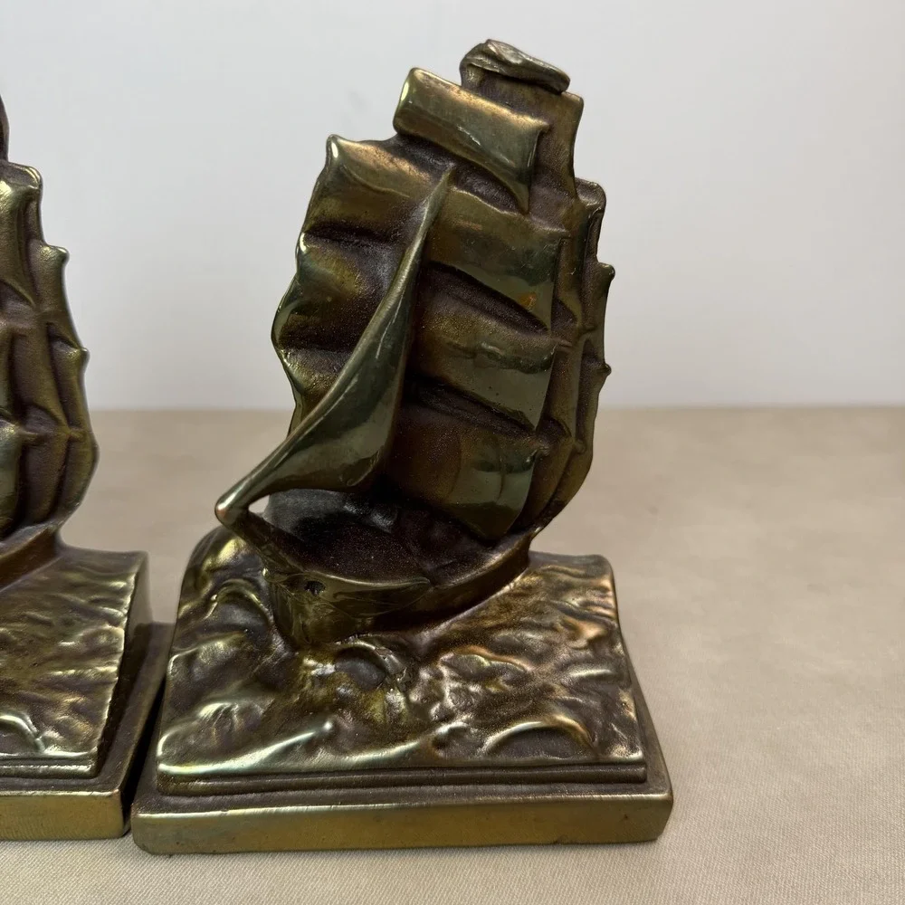 Vintage Bronze Clad Sailboat Bookends Ship Traditional Nautical Decor Gold Tone