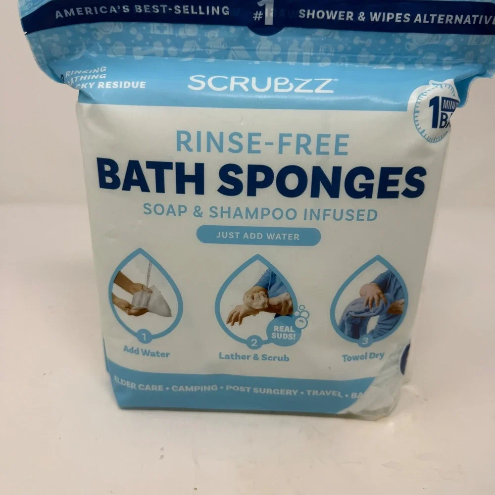 NEW Scrubzz‎ Rinse-Free Bath Sponges Soap & Shampoo 25 Pack Camping Elder Care