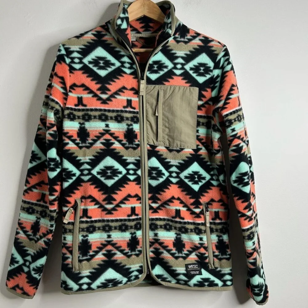 WESC‎ Jacket Mens Sm Womens M Moritz Aztec Fleece Full Zip Black Coral Western