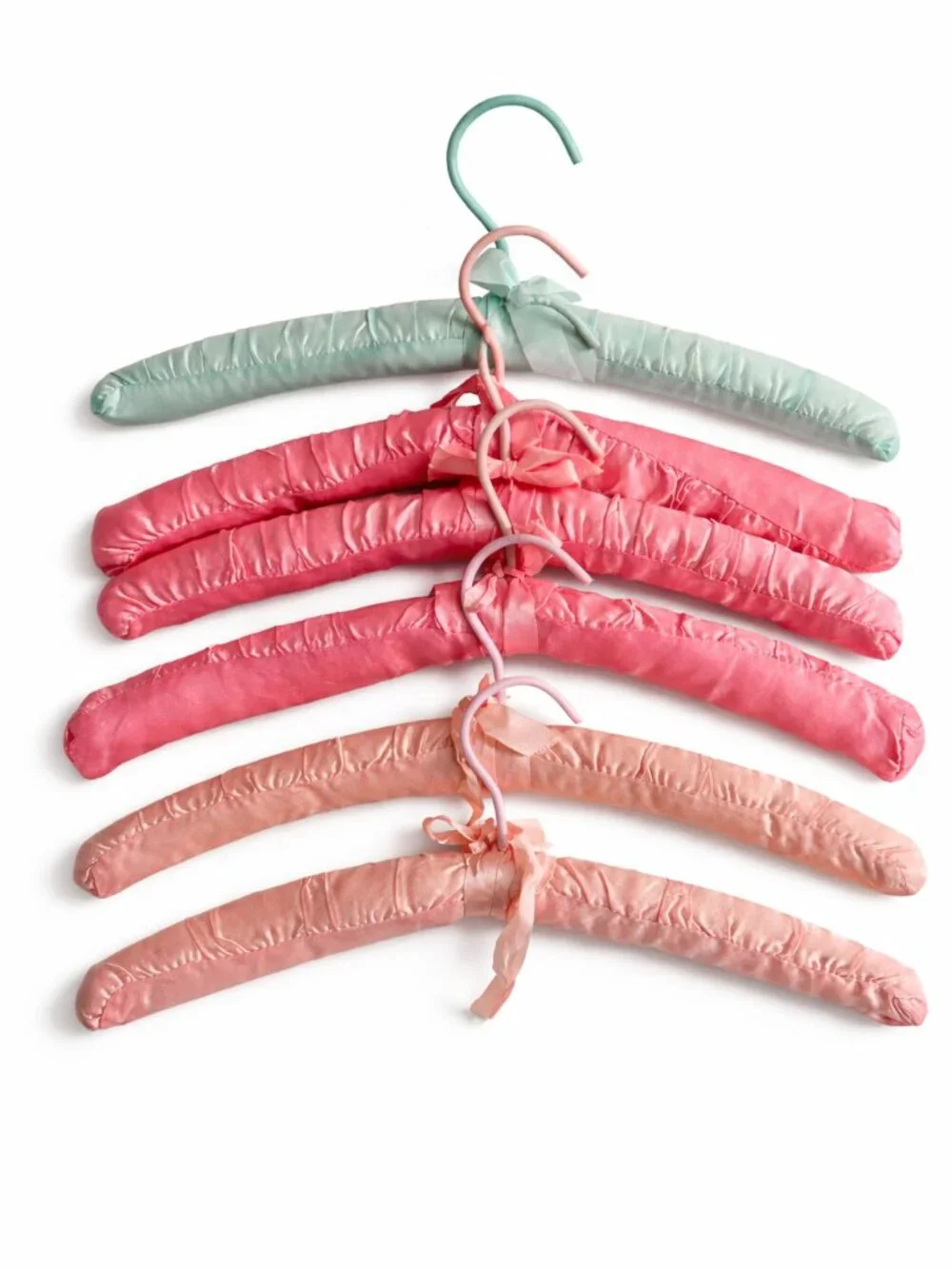 Vintage Satin Padded Hangers Set of 6 Pink Mint Ribbon Bow Boudoir Lingerie