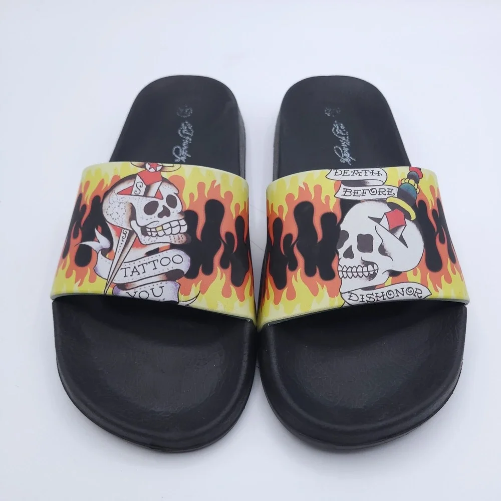 Ed Hardy Slides Mens 8 Womens 9 Death Before Dishonor Flaming Skull Tattoo You