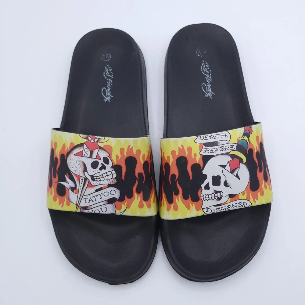Ed Hardy Slides Mens 8 Womens 9 Death Before Dishonor Flaming Skull Tattoo You