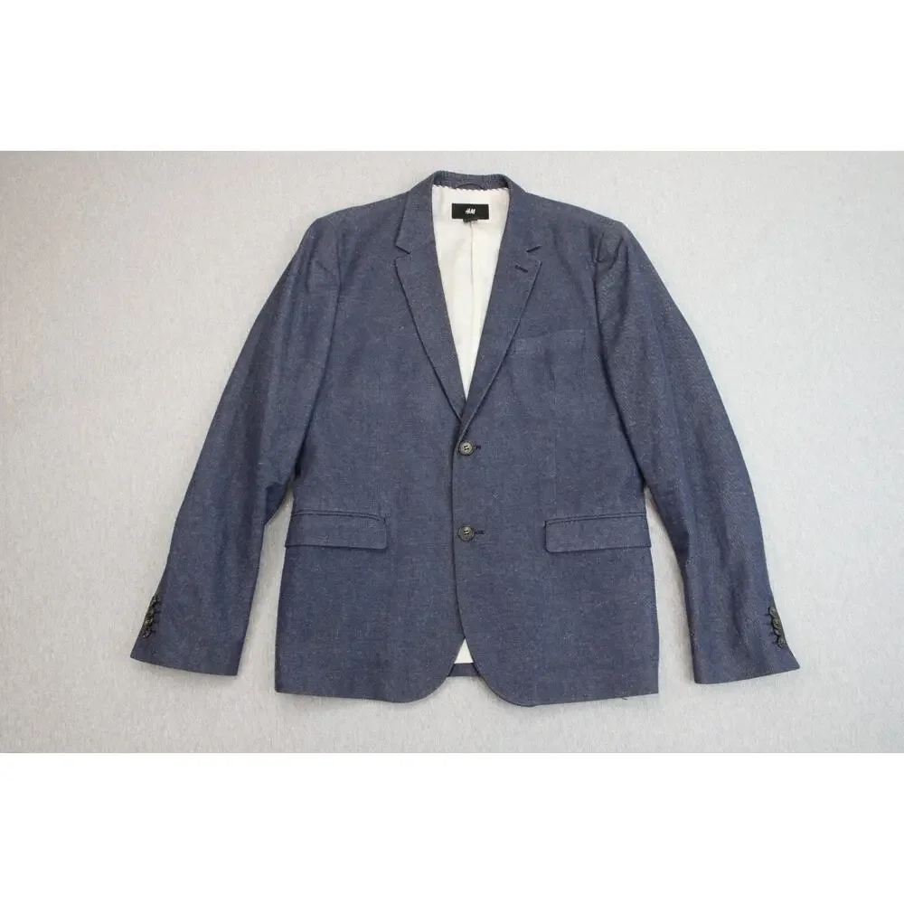 H&M Blazer Mens 42R Blue Cotton Linen Blend Single-Breasted 2-Buttons Lined