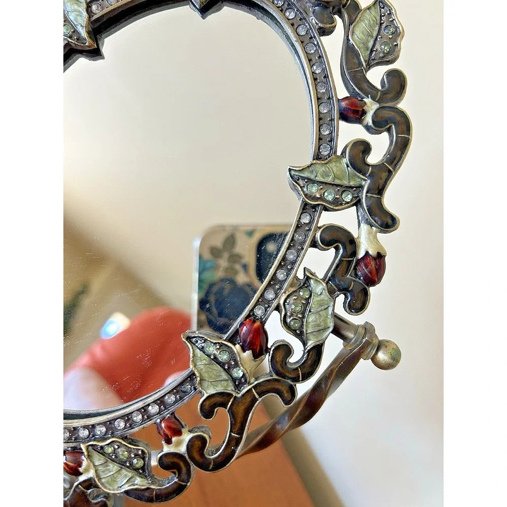 Swivel Enamel Mirror w/Rhinestomes of Flowers & Butterflies-Table Top