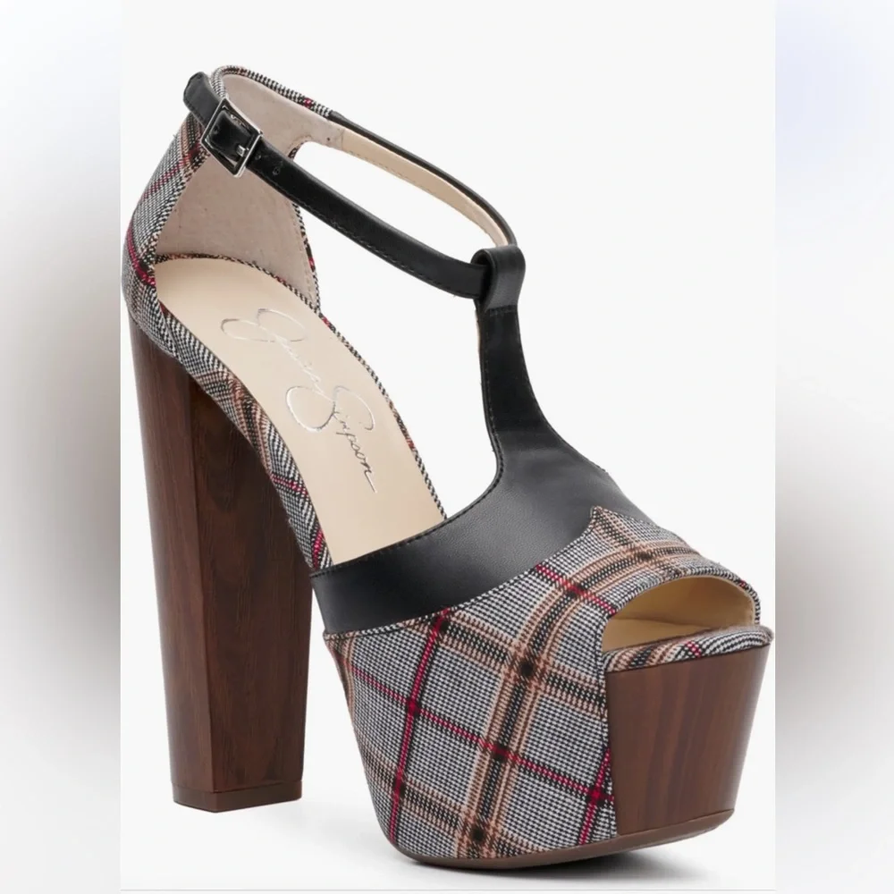 Jessica Simpson Plaid Ultra Platform Wooden Heel Mary Jane