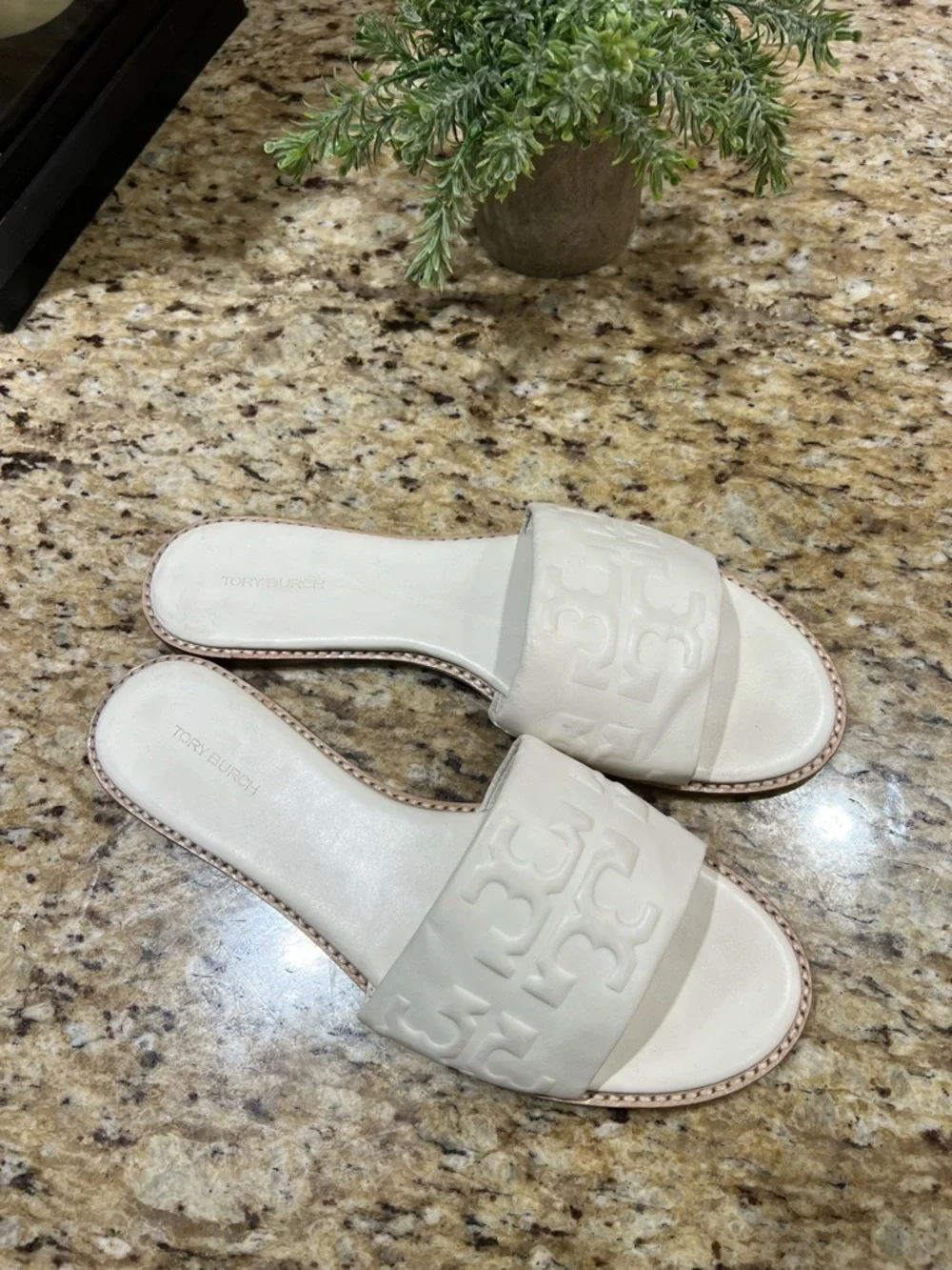 Tory Burch Everly High Frequency White Logo Embossed Slide Sandals 9.5M