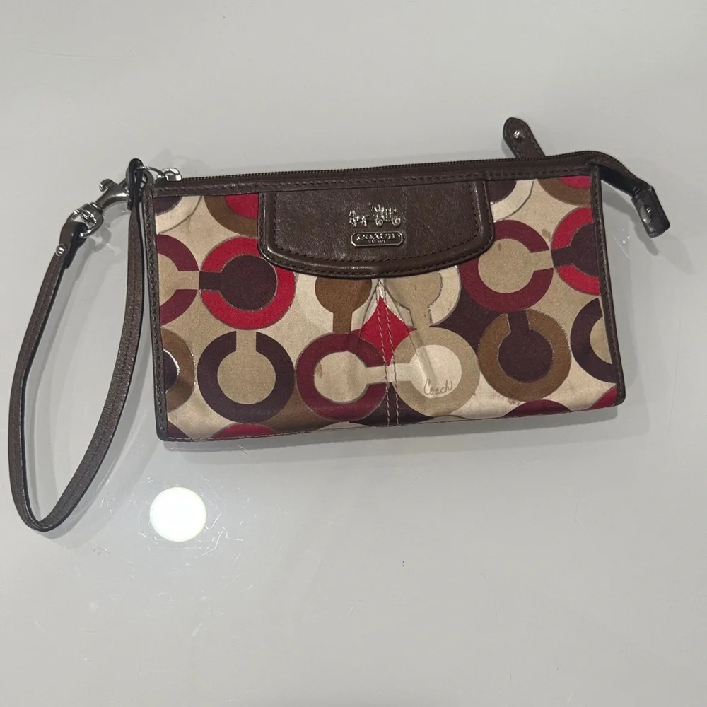 Coach Brown Multi Circle-Print Wristlet with Red Accents