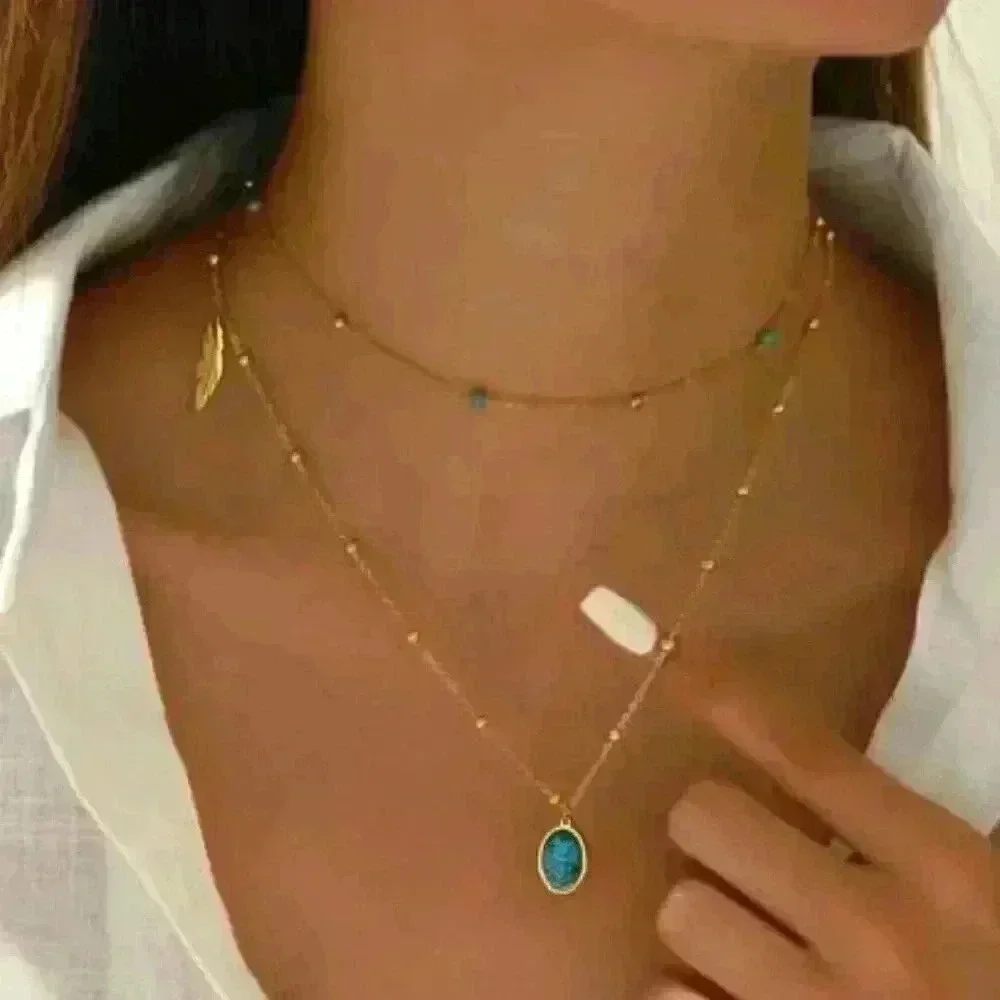 Faux Larimar stone Pendant & feather charm in a Layered 18k Gold Filled …