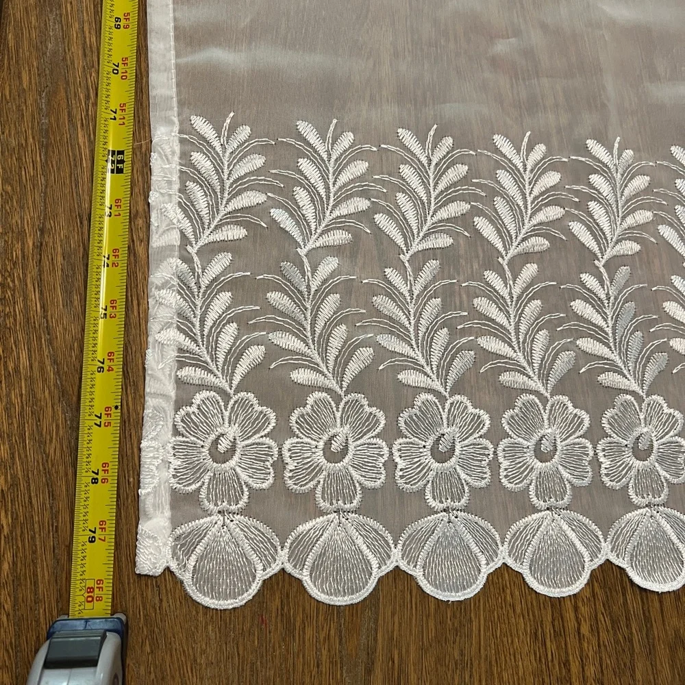 White Double Layer Sheer Curtain with Embroidered Flowers, 55”x80”, Polyester