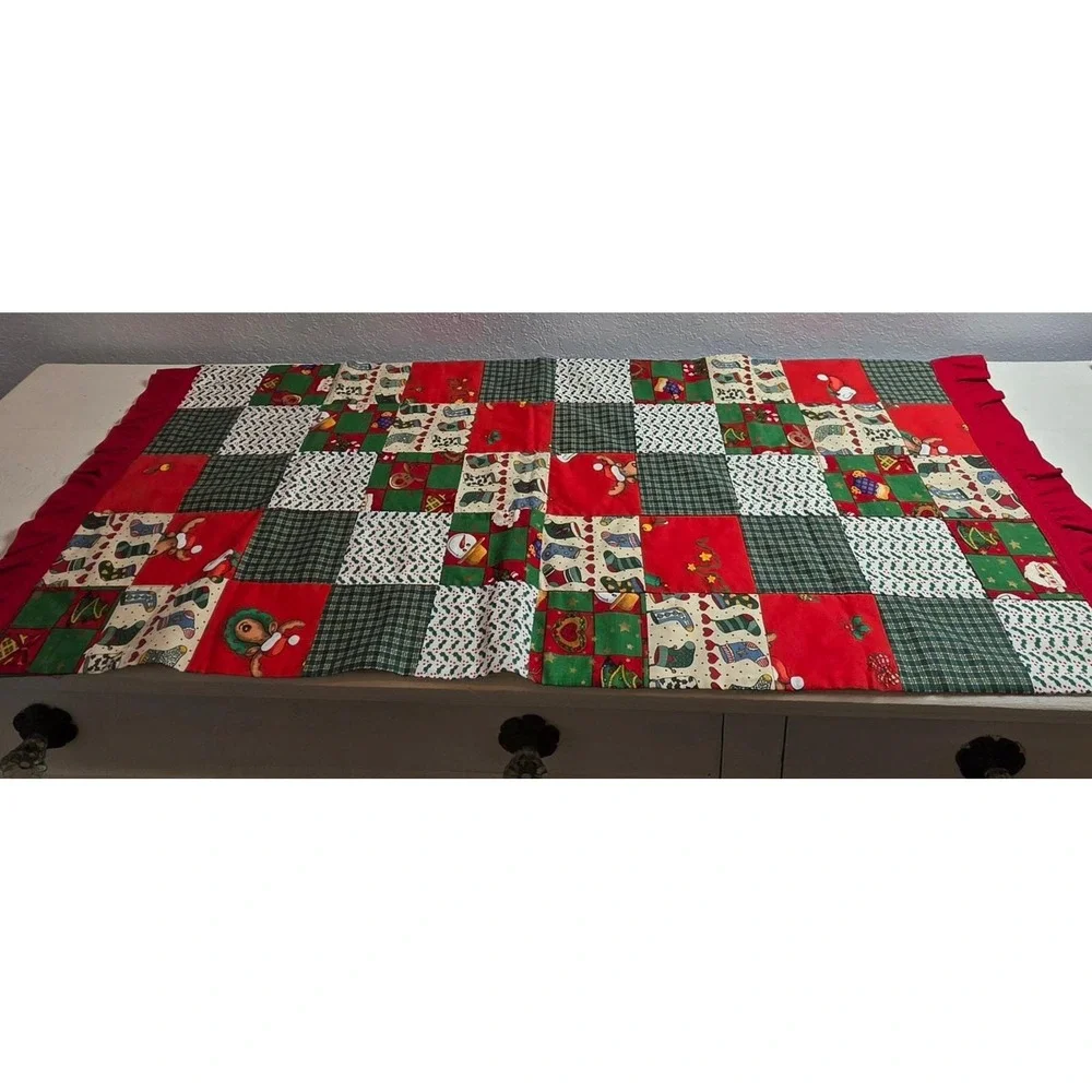 Homemade Christmas Quilted Patchwork Runner Santa Snowman Stockings Holly‎ 38 in