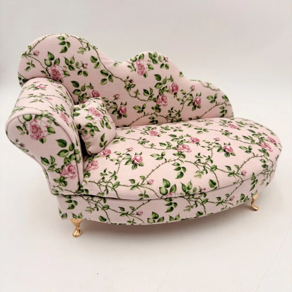 Pink Floral Rose Chaise Lounge Jewelry Box Miniature Sofa Mirror Ring Storage