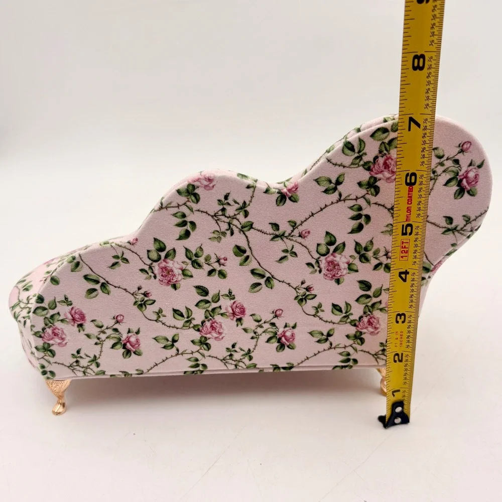 Pink Floral Rose Chaise Lounge Jewelry Box Miniature Sofa Mirror Ring Storage