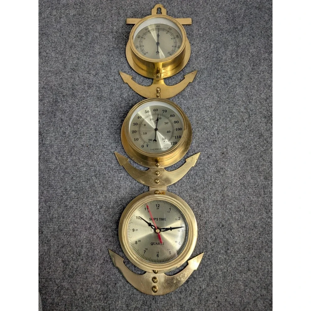 Vintage Brass Anchor Wall Weather Station Quartz Clock Thermometer Hygro READ
