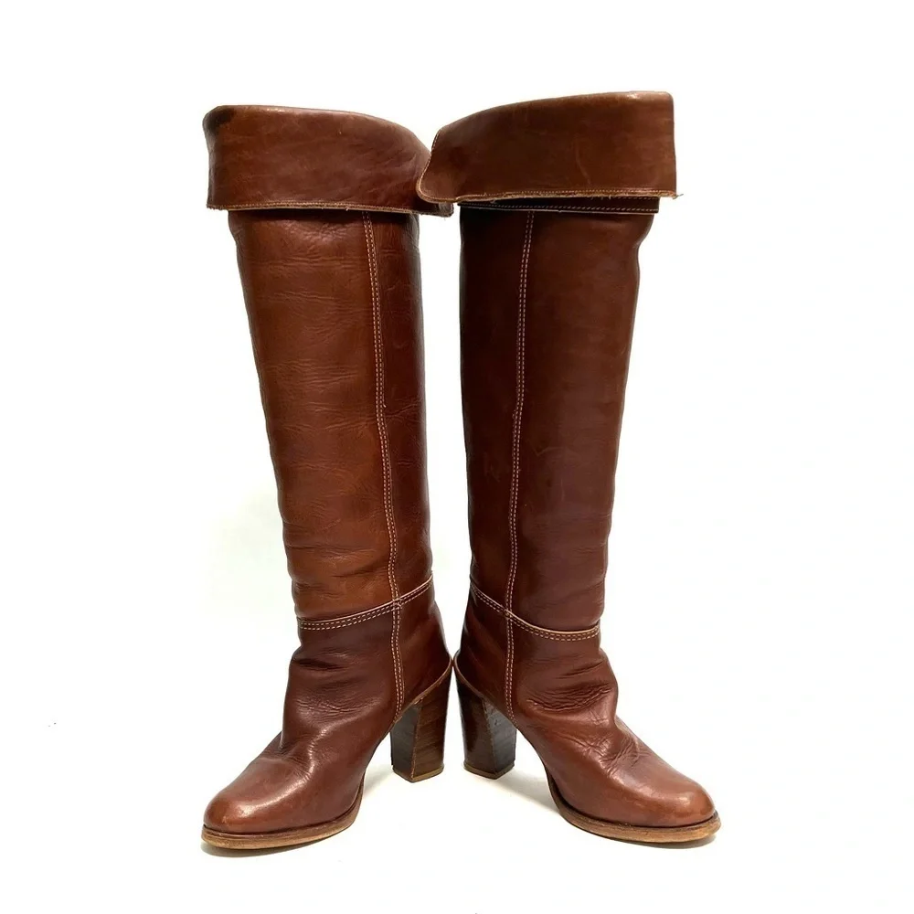 ZODIAC | Vintage 1970s brown leather over the knee logo fabric heeled boots