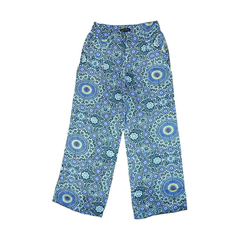 BANANA REPUBLIC Women's Blue Floral Geometric Wide Leg Tie Waist Pants Sz 0‎