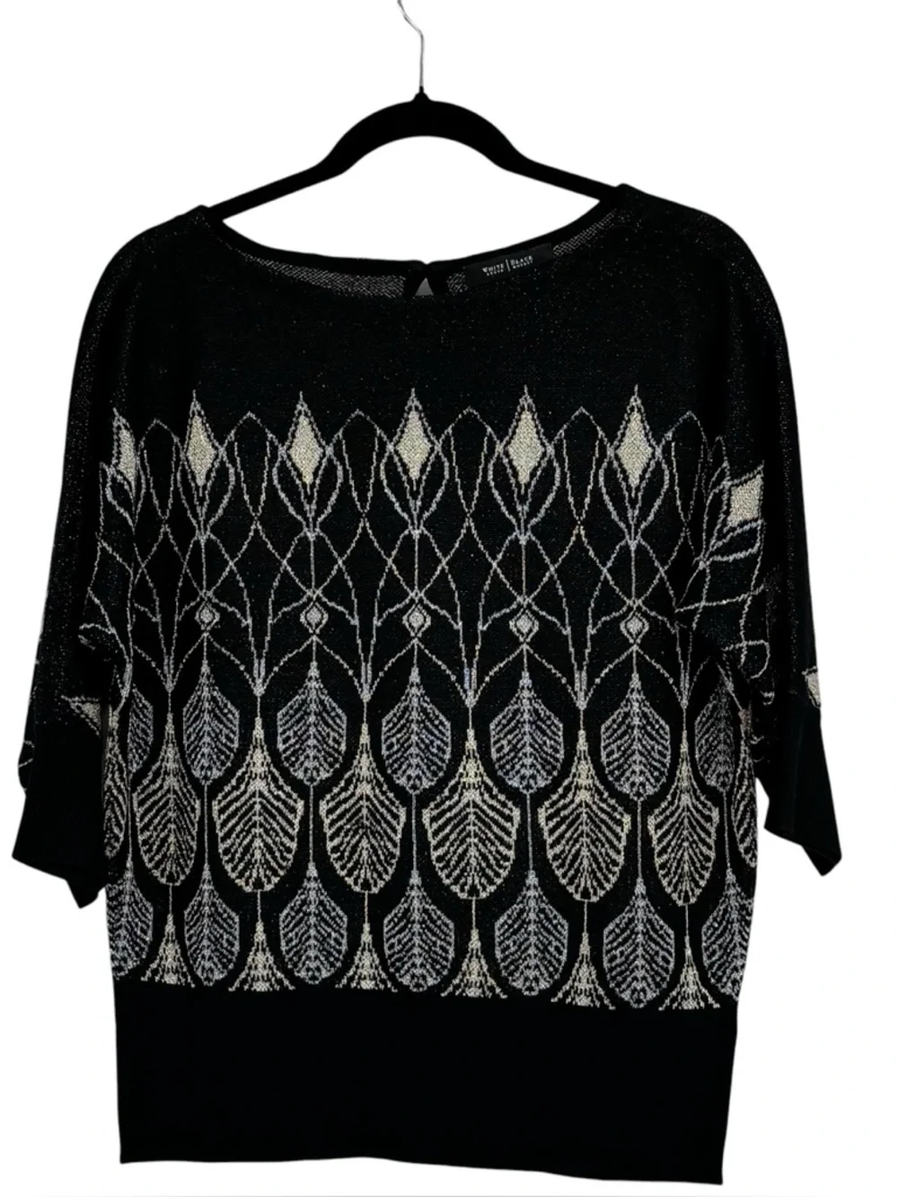 White House Black Market Sm Black Crew Neck Sweater Gold/Silver Metallic Design