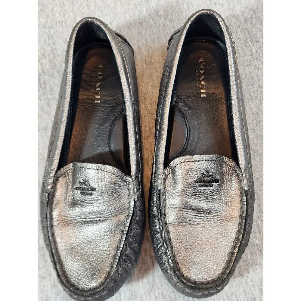 Coach Amber sz 5.5B matallic pewter pebbled leather driving loafer shoes comfort