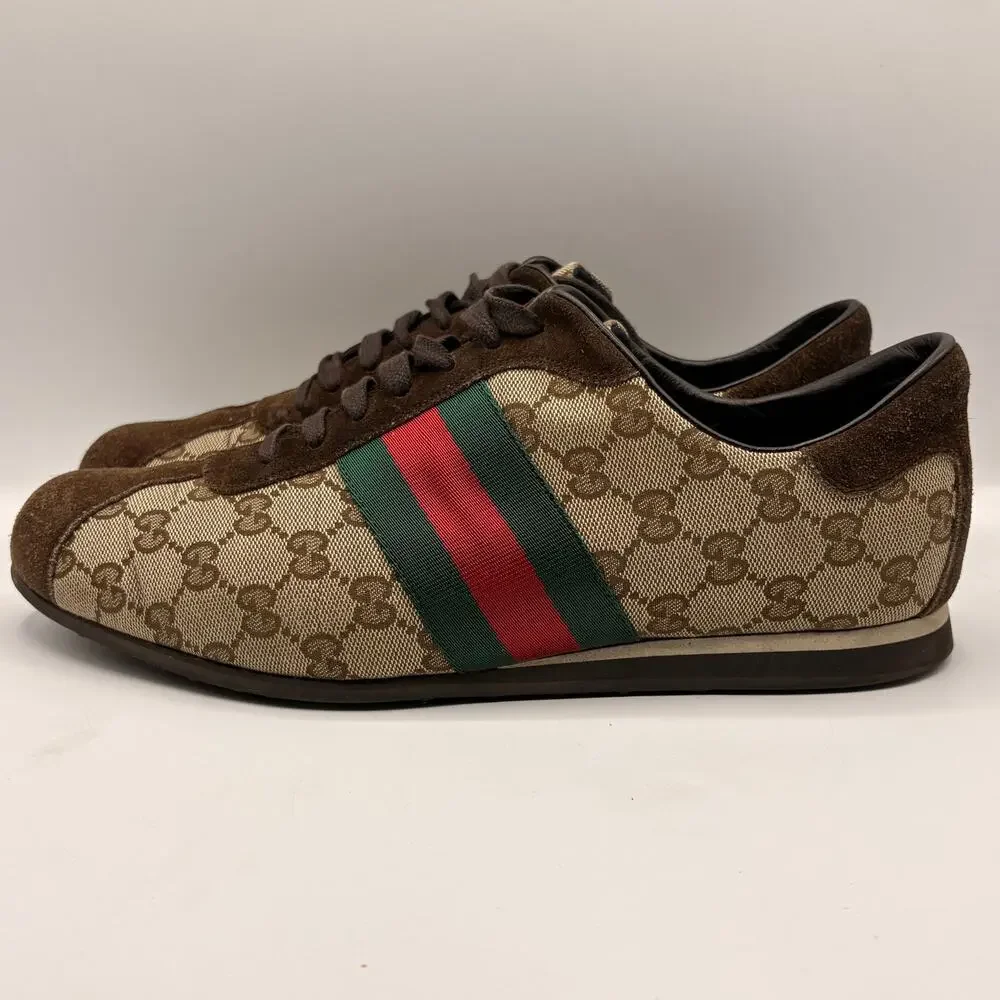GUCCI GG Monogram Canvas Brown Suede Red Web Lace Sneakers Sz 9G 9.5 US $995