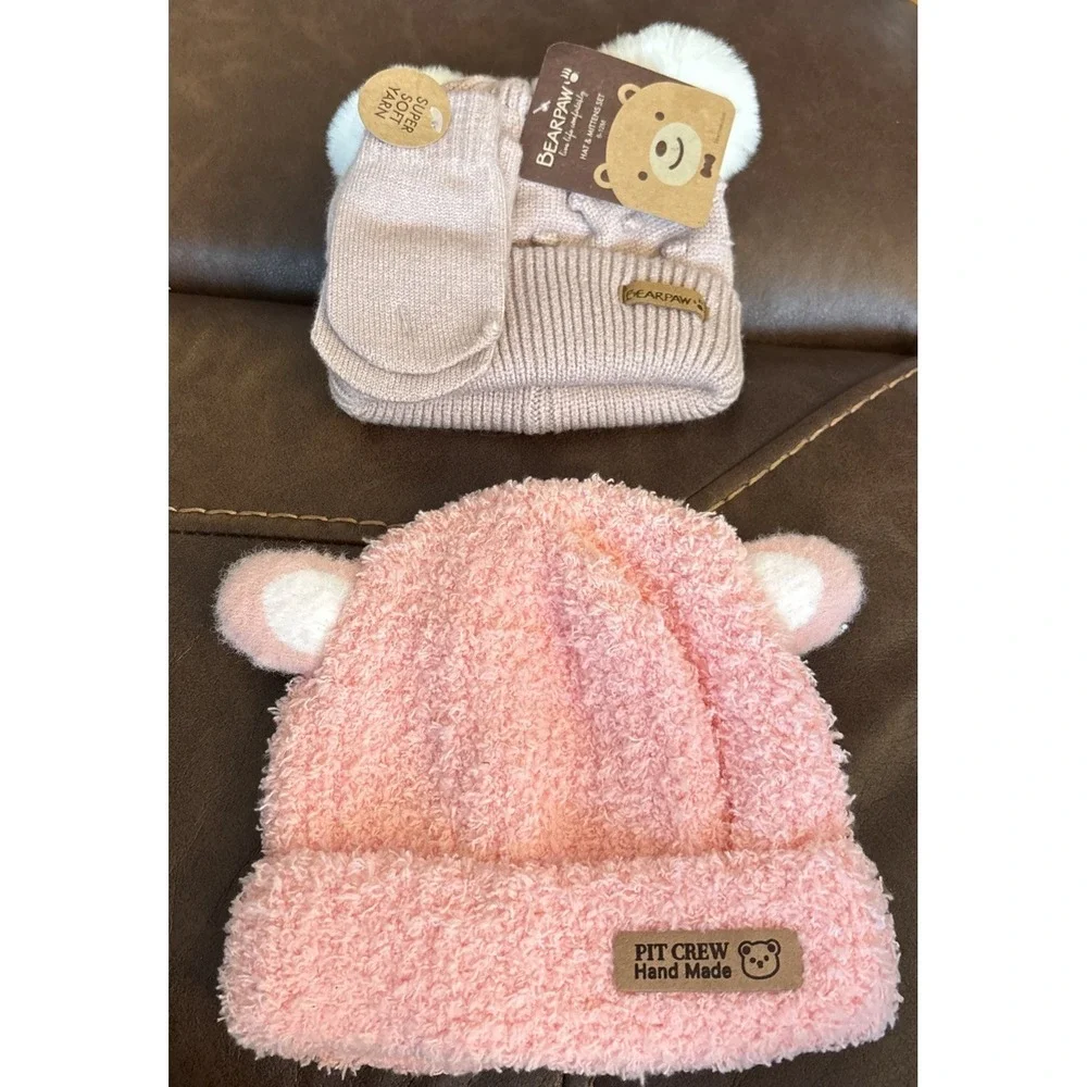 Bearpaw 6-12 Month Light Brown Knit Hat W Mittens NWT & Pink Hat 12-24mo.