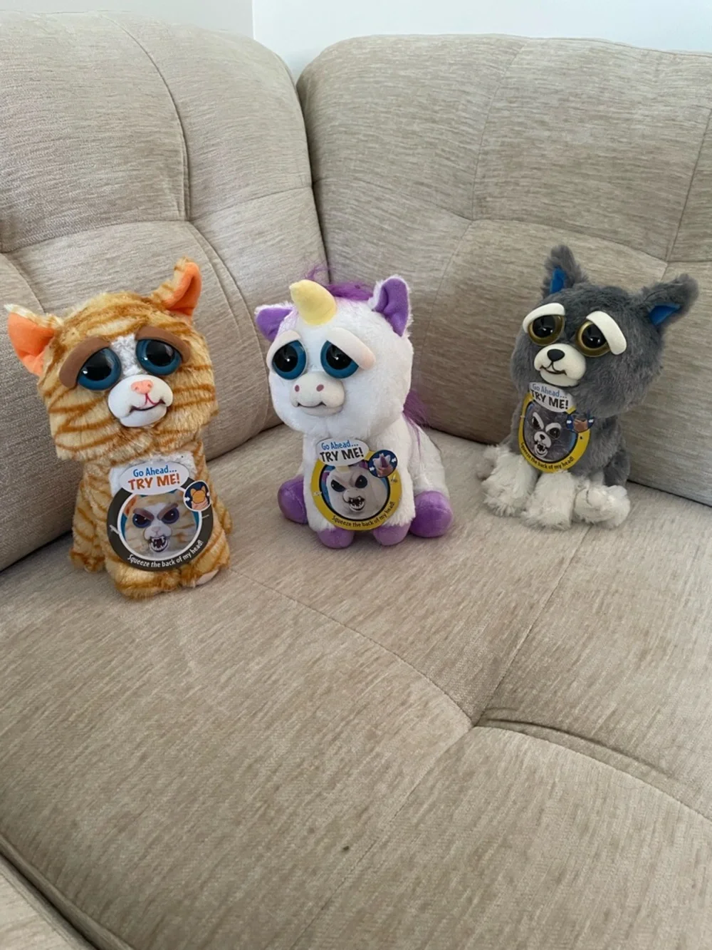 Feisty Pets Trio - Orange Tabby, White/Purple Unicorn, Gray Puppy
