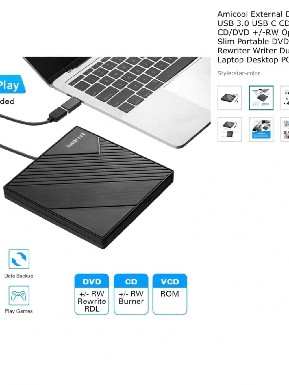 Amicool External USB Slim DVD/CD Drive - Black
