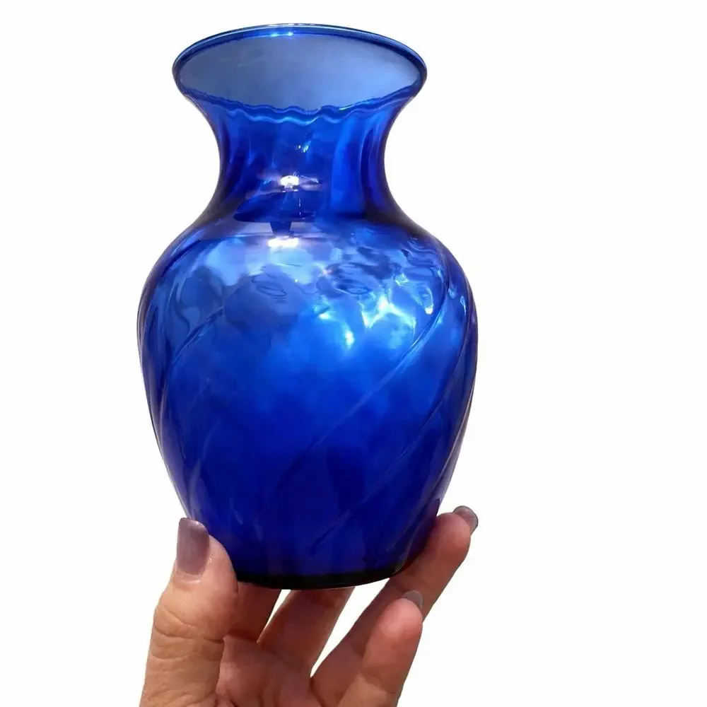 Cobalt Blue Glass Vase Optical Swirl Ribbed Small Vintage Style Decor