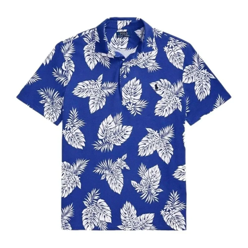 NWT Polo Ralph Lauren Tropical Spa Terry Medium Mens Blue Polo Shirt Monstera
