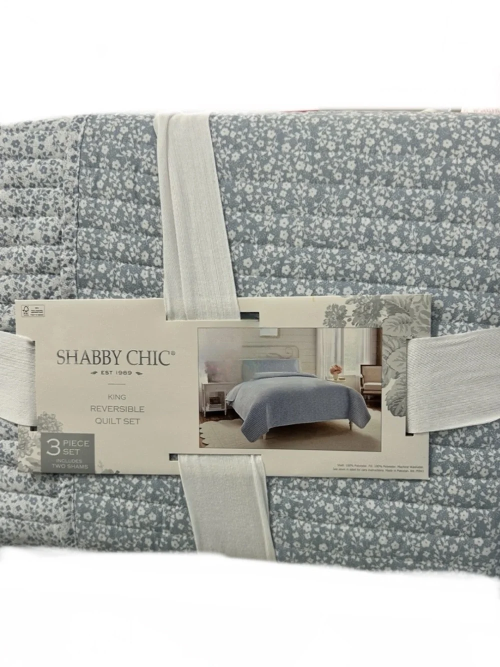 Shabby Chic Blue and White Floral Reversible King Cotton Quilt Set 106”x92”