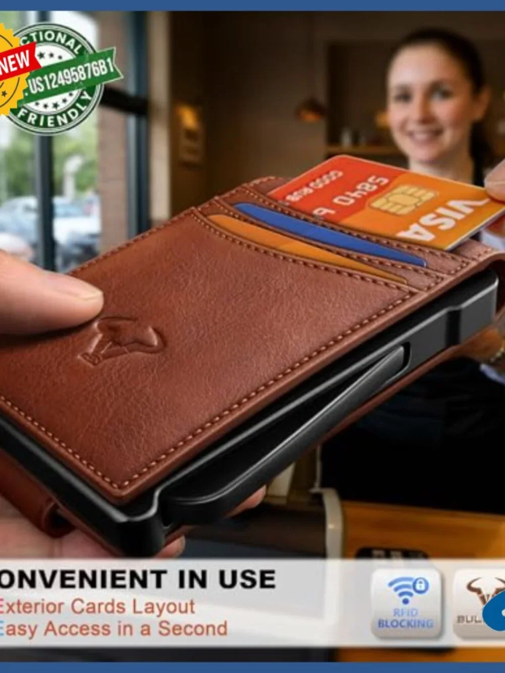 Men's Leather Wallet with Metal Money Clip, RFID Blocking, Magnetic Closure