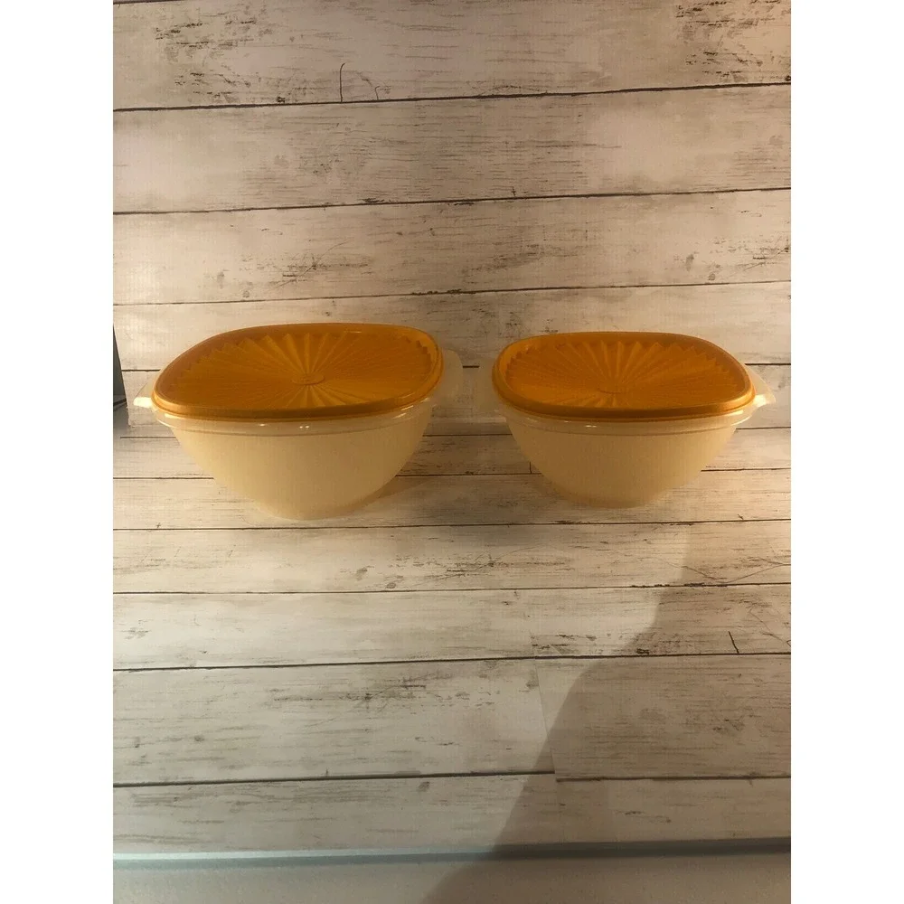 Vintage Tupperware Servalier Bowls Set of 2 Sheer Cream Mustard Yellow Sunburst