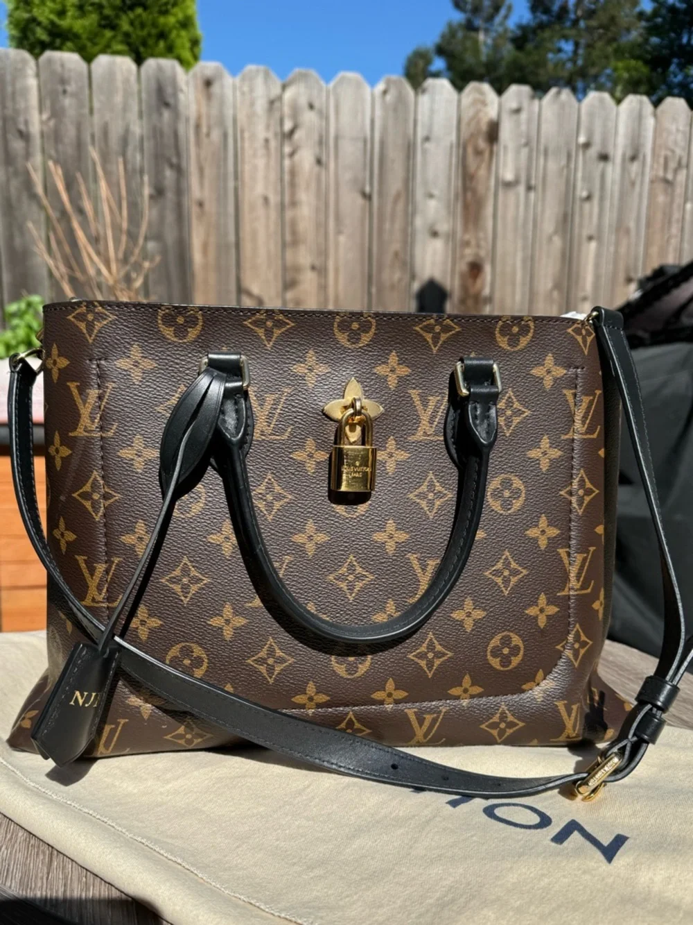 Louis Vuitton Brown Monogram Canvas Tote with Black Leather Trim and Gold Lock
