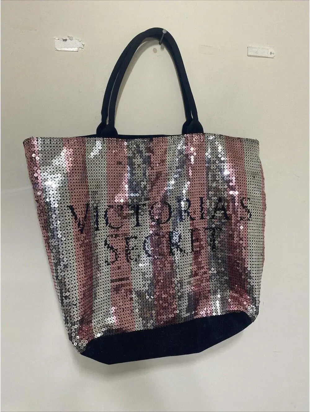 Victoria’s Secret Pink & Silver Sequin Stripe Weekender Tote Bag Limited Edition