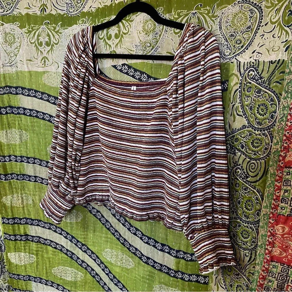 Anthropologie Multicolored Striped Smocked Puff-Sleeved Top Size Large