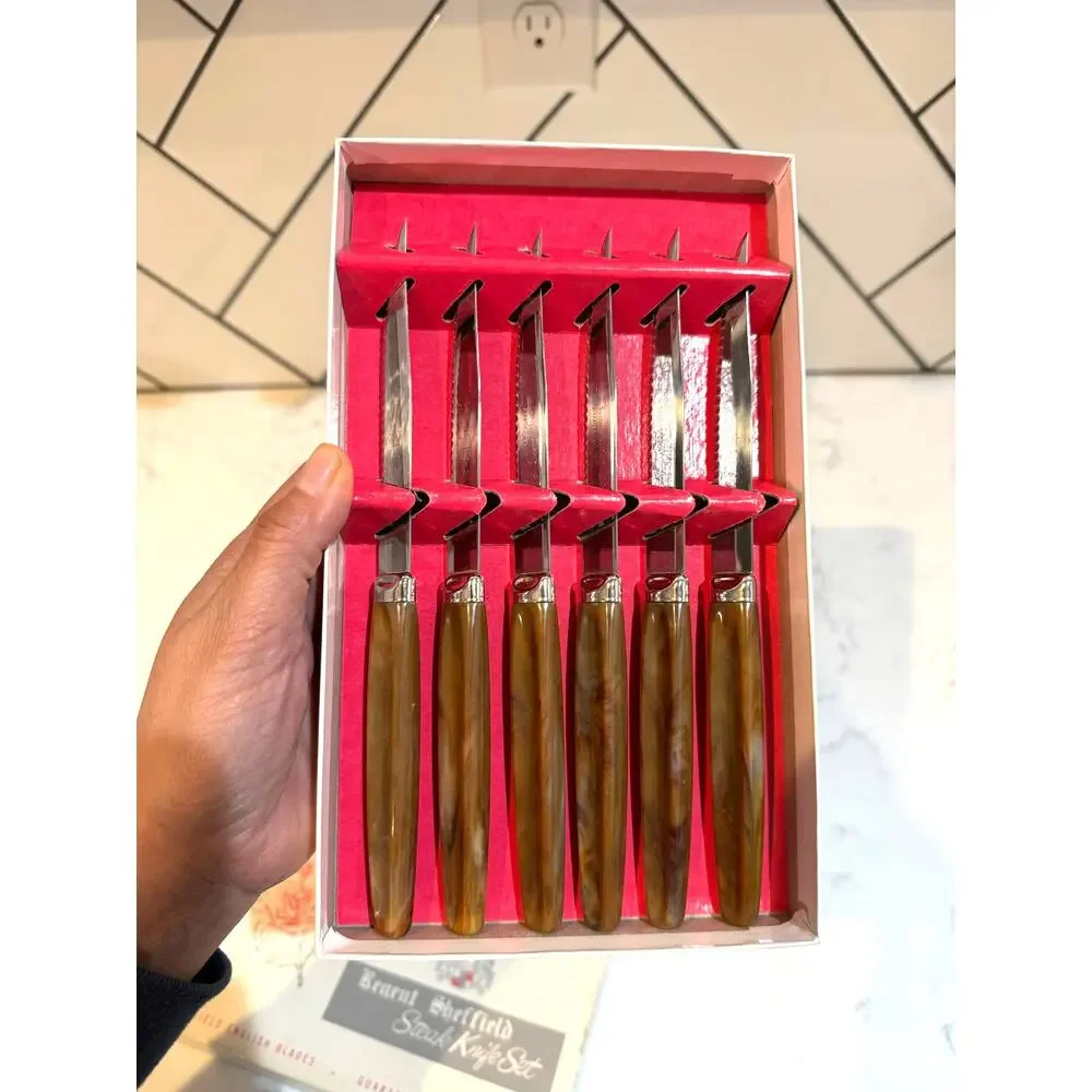 vintage Regent Sheffield steak knife set stainless steel blades faux wood handle