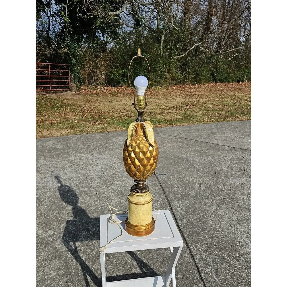 Vintage Italian Gold Leaf Pineapple Table Lamp With A Distressed Base