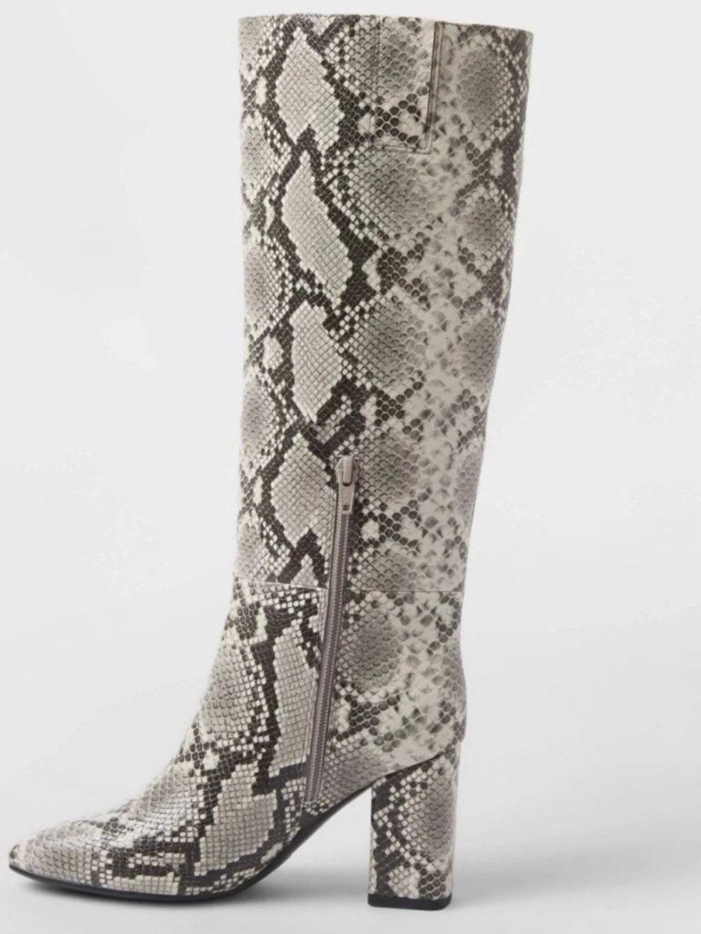 Sexy Snake-Print Knee-High Block Heel Boots - White/Gray/Black