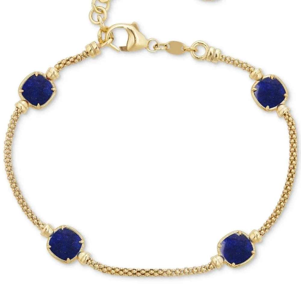 Lab Grown Lapis Lazuli Chain Bracelet 14k Gold-Plated Silver