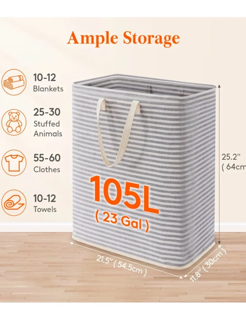 Striped Gray Fabric Laundry Hamper with Handles