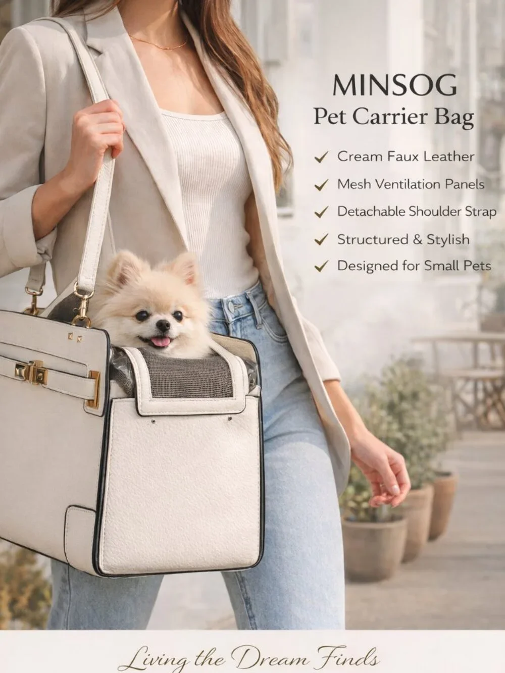 MINSOG Cream Pet Carrier Bag Small Dog Cat Travel Tote w/ MATCHING LEASH!!!