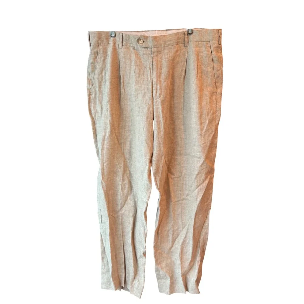Paul Fredrick 40 Linen Dress Pants Beige‎ Pleated Summer Resort Wedding Trousers