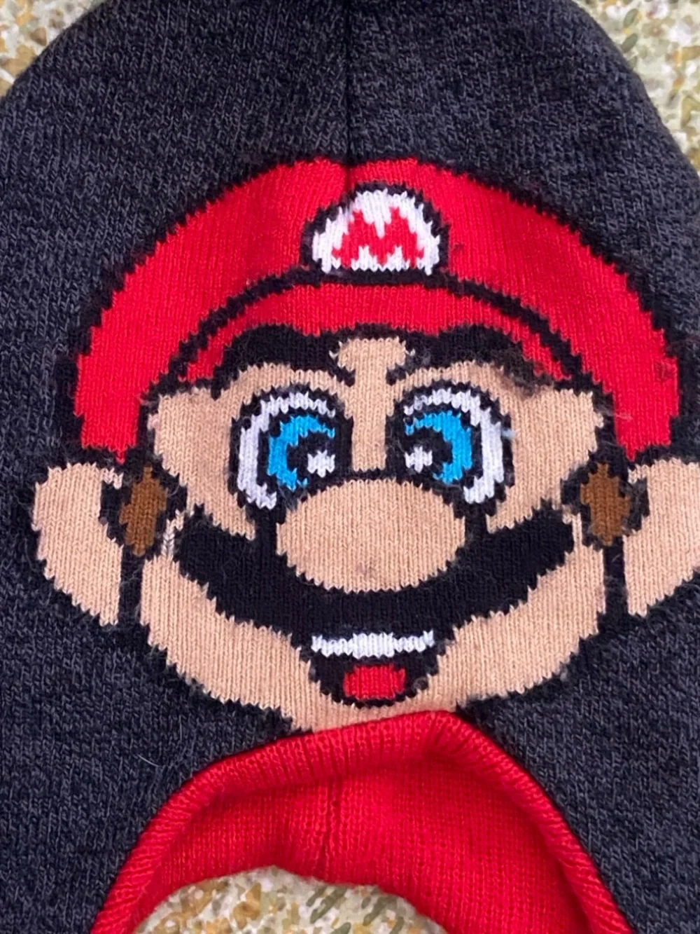 Super Mario Knit Beanie Hat Pom Pom Ear Flap Nintendo Gray Red Boys One Size