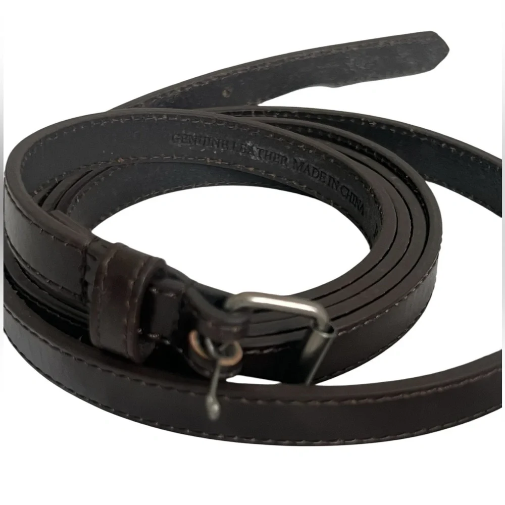 Dark Brown Leather long skinny Belt with Buckle