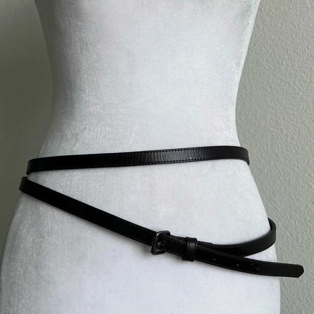 Dark Brown Leather long skinny Belt with Buckle