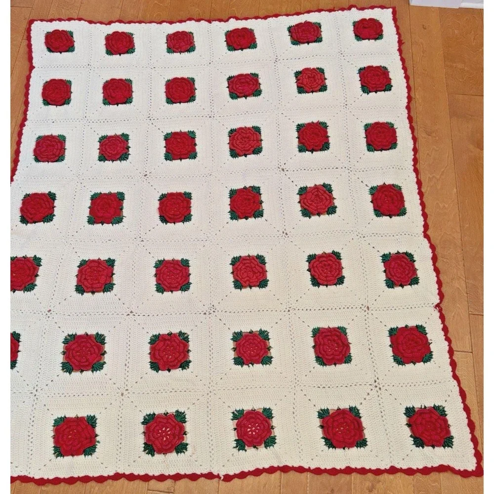 Vtg Granny Square Crochet Afghan Quilt Blanket 3D Rose 72