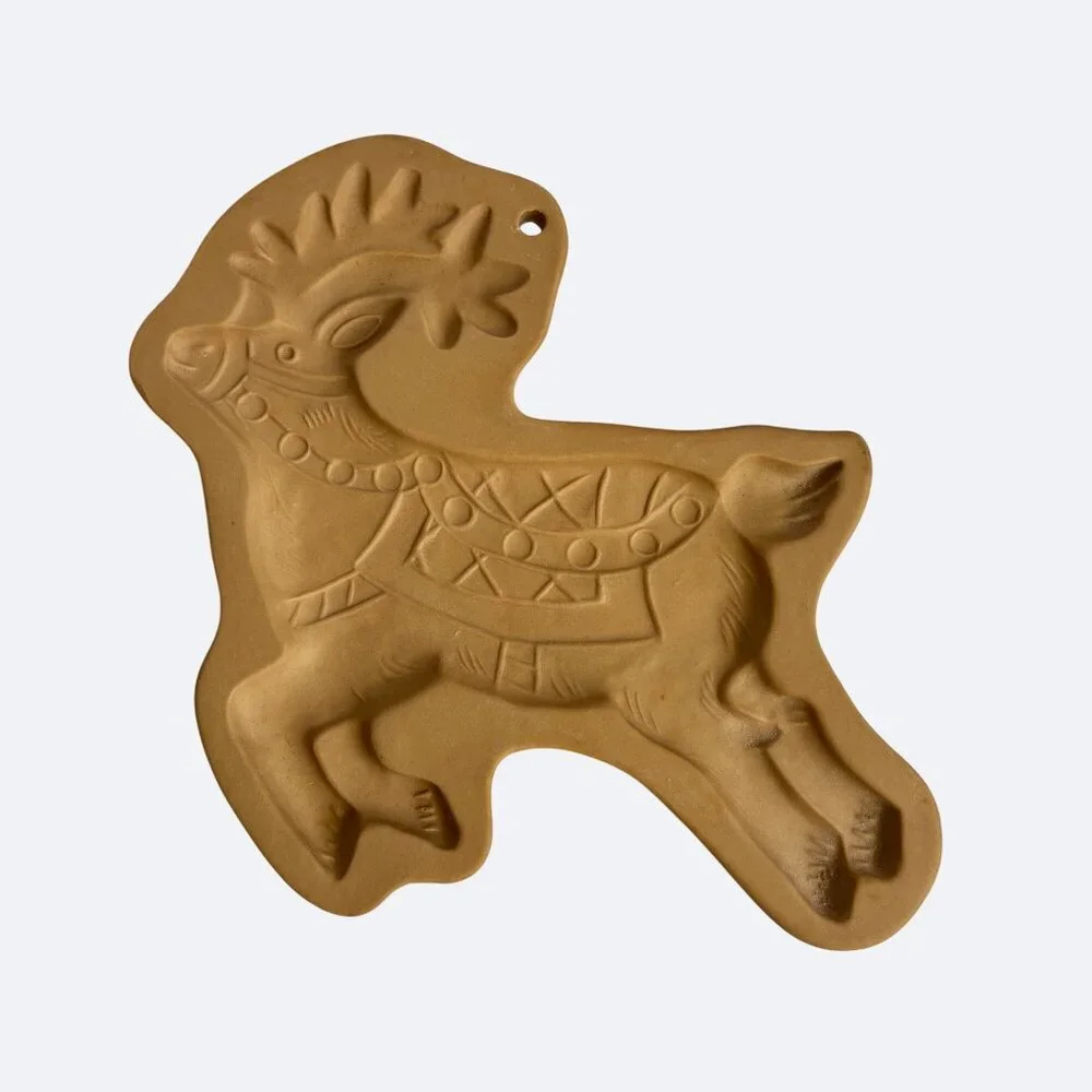 Vintage Stoneware Cookie Mold Reindeer 1990s Folk Art Ceramic 6.5